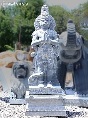 68" Large Statue Of Lord Hanuman In Namaskar Posture | Black Granite Stone Statue