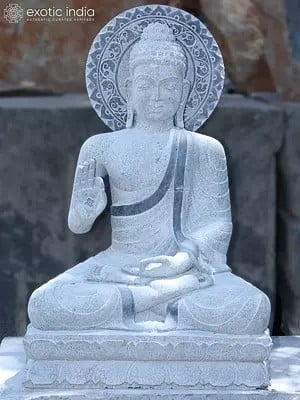 42" Large Idol Of Meditative Lord Buddha Seated In Abhaya Mudra | Black Granite Stone Statue