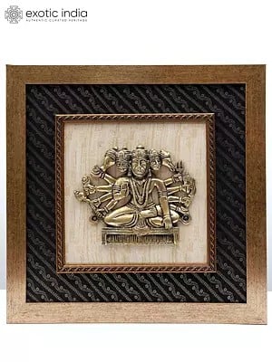 16" Ten Armed Panchamukhi Lord Hanuman | Wood Framed Brass Sculpture | Wall Hanging