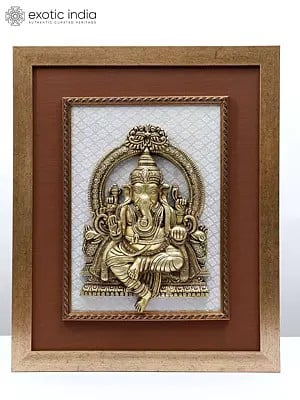 20" Blessing Lord Ganesha Seated on Kirtimukha Throne | Wood Framed Brass Sculpture | Wall Hanging