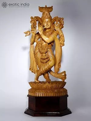 34" Large Lord Krishna Standing on Lotus Playing Flute | Wood Carved Statue