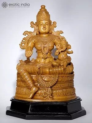 26" Sitting Goddess Parvati with Bal Ganesha in Blessing Gesture | Wood Carved Statue