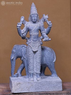 21" Stone Statue of Brihaspati Graha - Deity Jupiter in Black Granite