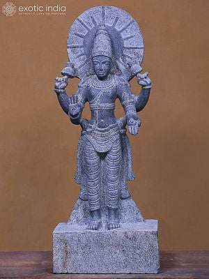 21" Chandra Graha Stone Idol - Moon Deity Sculpture in Black Granite