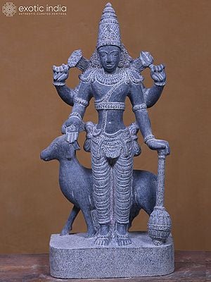 21" Four Armed Surya Graha With Mace - Planet | Black Granite Stone Statue