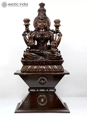 81" Large Size Blessing Goddess Lakshmi Wooden Statue Seated on Pedestal