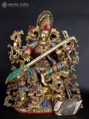 33" Large Superfine Devi Saraswati - Hindu Goddess of Knowledge, Art, Speech, Wisdom and Learning  | Brass Statue with Inlay Work