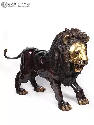 94" Large Hunting Lion Brass Statue | Made In India