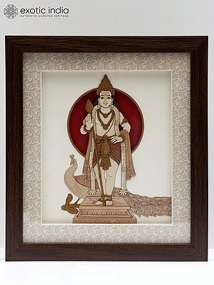 Lord Murugan (Karttikeya) with Peacock | Wood Carved Frame | Wall Hanging