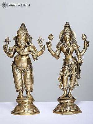 10" Standing Lord Ganesha and Goddess Lakshmi | Brass Ganesh and Lakshmi | Brass Statue | Handmade | Made In India