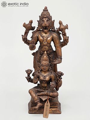 6" Small Standing Lord Narasimha with Goddess Lakshmi | Copper Statue
