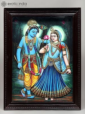 30" Divine Pair of Radha Krishna | Embossed Tanjore Painting with Gold Work