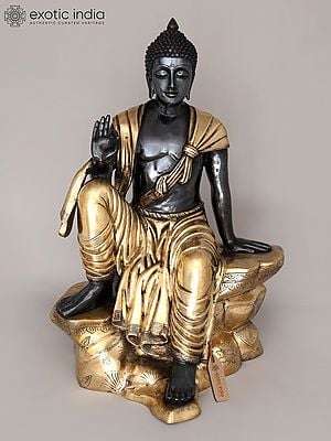36" Large Black and Gold Buddha Seated in Vitark Mudra | Brass Statue