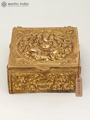 4" Small Brass Storage Box with Ganesha Carving on Top | Brass Ritual Item