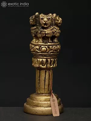3" Small Statue of Decorative Ashoka Stambha (National Emblem of India) | Brass Sculpture
