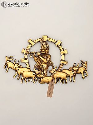 11" Fluting Lord Krishna with Cows | Wall Hanging Brass Statue