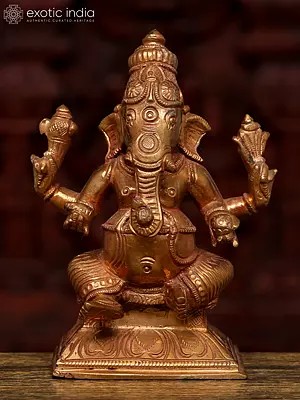 5" Small Sitting Four Armed Lord Ganesha | Bronze Statue