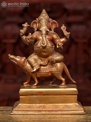 6" Small Four Armed Lord Ganesha Seated on Mushak | Bronze Statue