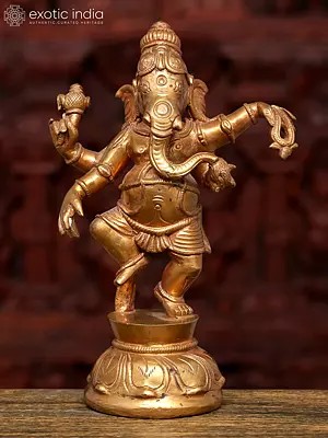 7" Small Four Armed Dancing Lord Ganesha | Auspicious Bronze Idol