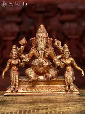 6" Small Lord Ganesha with Riddhi and Siddhi | Bronze Statue