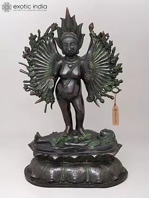 29" Eighteen Armed Goddess Mahakali Standing on Lord Shiva | Brass Statue