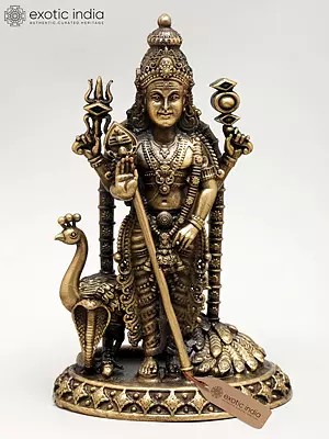 Superfine Statue of Four Armed Lord Kartikeya with Peacock and Snake | Ideal for Puja