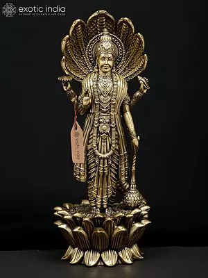 11" Superfine Standing Four Armed Shri Hari Vishnu with Protected Sheshnag | Brass Statue