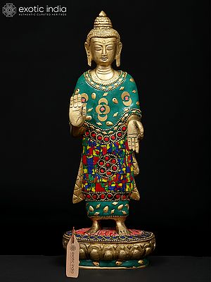 11" Standing Lord Buddha in Abhaya and Varada Mudra | Brass Statue with Inlay Work