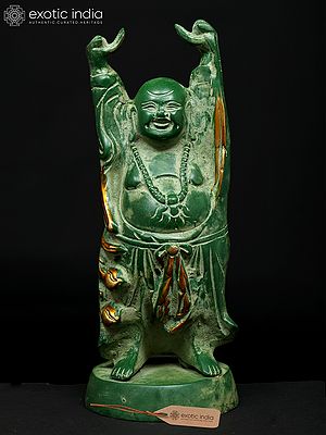 9" Prosperity Laughing Buddha with Uplifted Hands | Brass Statue