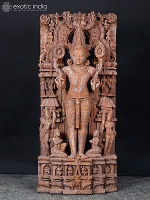 50" Large Standing Lord Surya Narayan Holding Two Lotuses | Khondalite Stone Sculpture | Made In Orissa
