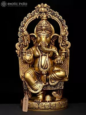 10" Four Armed Blessing Lord Ganesha Seated on Kirtimukha Throne | Brass Statue