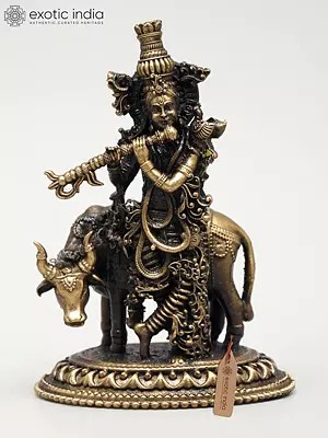 3" Small Superfine Lord Krishna Playing Flute with Divine Cow | Ideal for Puja