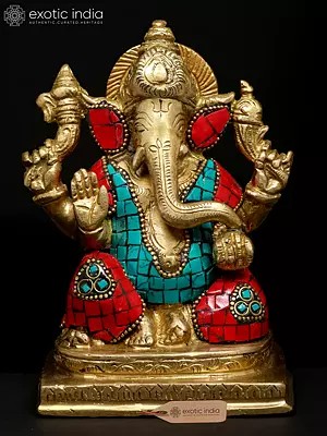 6" Small Four Armed Blessing Lord Ganesha | Brass Statue with Inlay Work