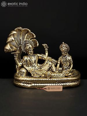 3'' Small Superfine Sheshashayi Lord Vishnu with Goddess Lakshmi | Brass Statue