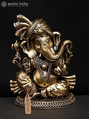 2" Small Superfine Turbaned Lord Ganesha in Blessing Gesture | Brass Statue