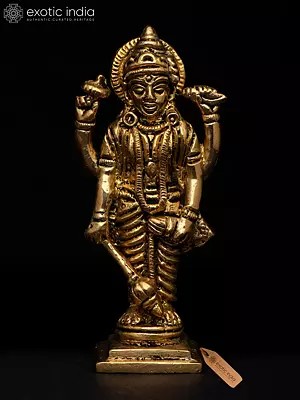 4" Small Divine Form of Lord Vishnu with Conch, Chakra, Mace and Lotus | Brass Statue