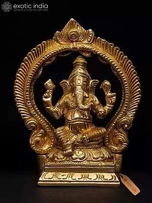 4" Small Lord Ganesha Seated Under The Temple Arch | Brass Statue