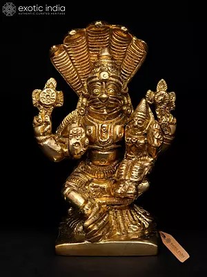 3" Small Lord Narasimha with Goddess Lakshmi and Five Headed Vasuki Serpent | Brass Idol