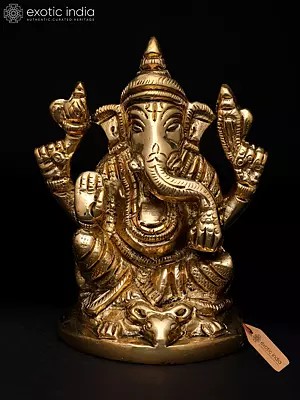 3" Small Lord Ganesha Seated on Mushak – The Divine Four-Armed Form | Brass Sculpture