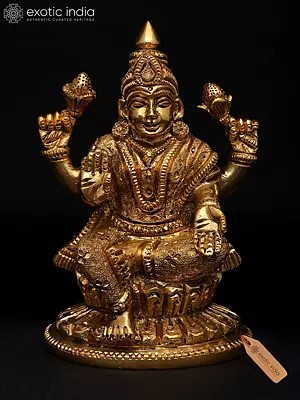 5" Small Goddess Lakshmi Seated in Blessing Gesture with Four Arms | Brass Statue