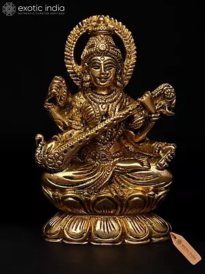 3" Small Goddess Saraswati – The Divine Muse of Knowledge | Brass Sculpture