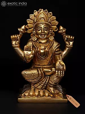 4" Small Four Armed Goddess Lakshmi Seated on Pedestal | Brass Idol