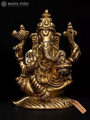 3" Small Chaturbhuja Ganesha Seated on Conch | Brass Sculpture
