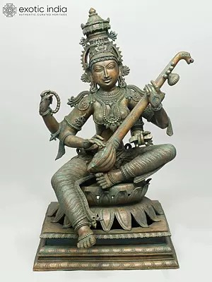 41" Large Four Armed Goddess Saraswati Seated on Lotus and Playing Veena | Madhuchista Vidhana (Lost-Wax) | Panchaloha Bronze from Swamimalai