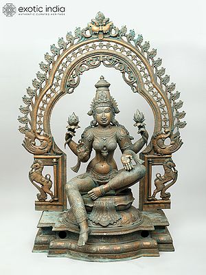 51'' Large Four Armed Blessing Goddess Lakshmi Seated on Kirtimukha Throne in Lalitasana | Madhuchista Vidhana (Lost-Wax) | Panchaloha Bronze from Swamimalai | Ship by Sea
