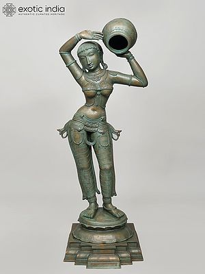54" Large Apsara Carrying Water Pot | Madhuchista Vidhana (Lost-Wax) | Panchaloha Bronze from Swamimalai