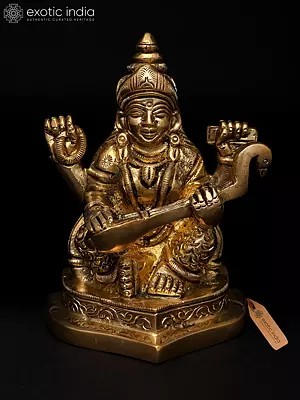 4" Small Goddess Saraswati – The Divine Source of Wisdom and Music | Brass Idol