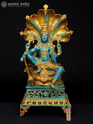 28" Blue and Gold Four Armed Lord Vishnu Seated on Sheshnag | Brass Statue