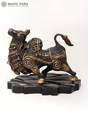 Nandi in Ananda- Bull of Lord Shiva Brass Statue on Wooden Base