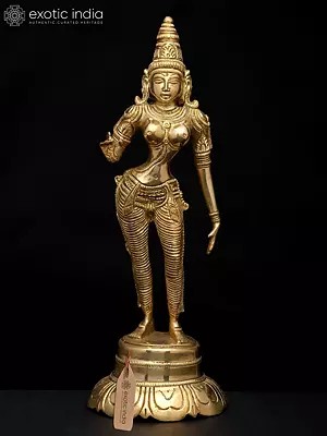 9" Goddess Uma (Parvati) Standing on Lotus Pedestal | Brass Statue